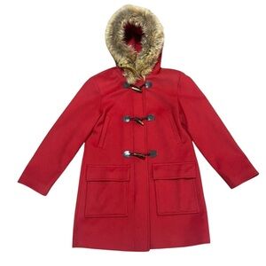 MK Michael Kors Red 100% Wool Toggle Coat Coyote Fur Trim Hood Sz 8